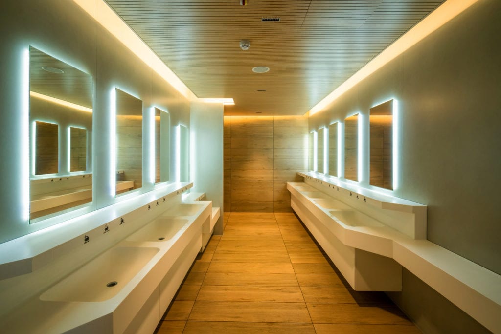 modern bathroom design with lights; commercial bathroom remodeling