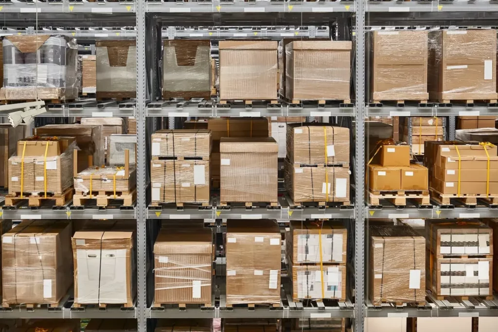 close up of products stored in fulfillment center