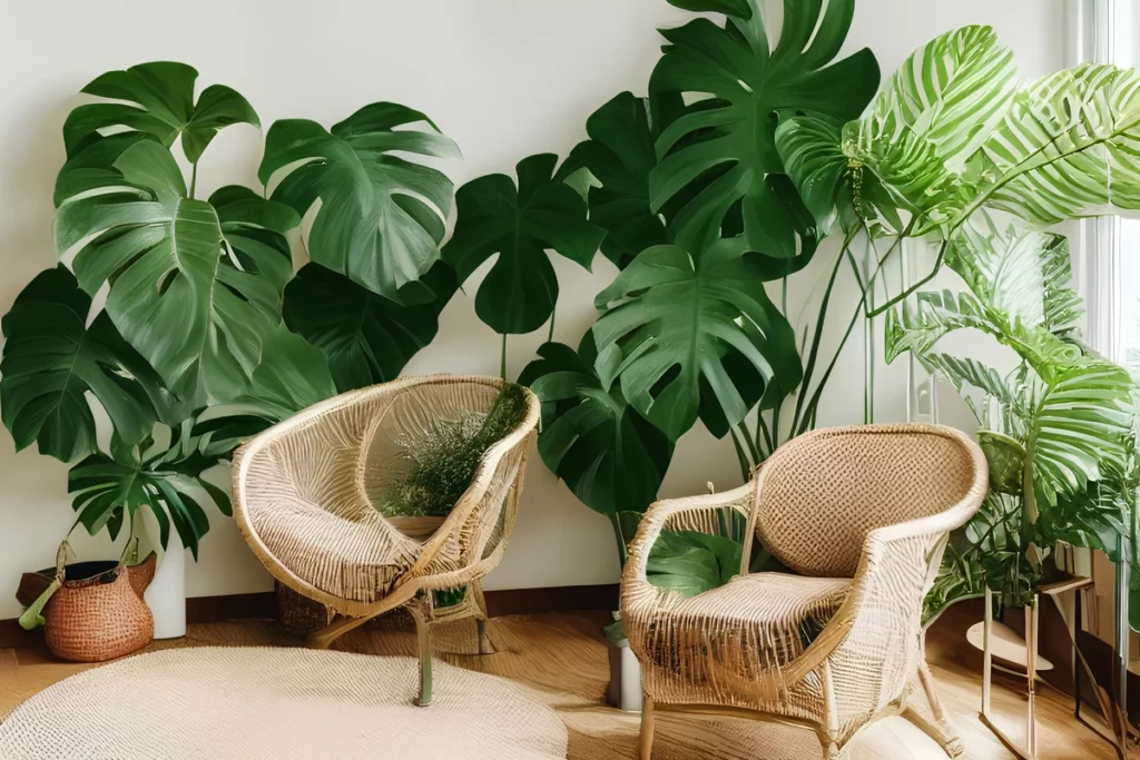 Sustainable home space with rattan chairs jute rug and plants