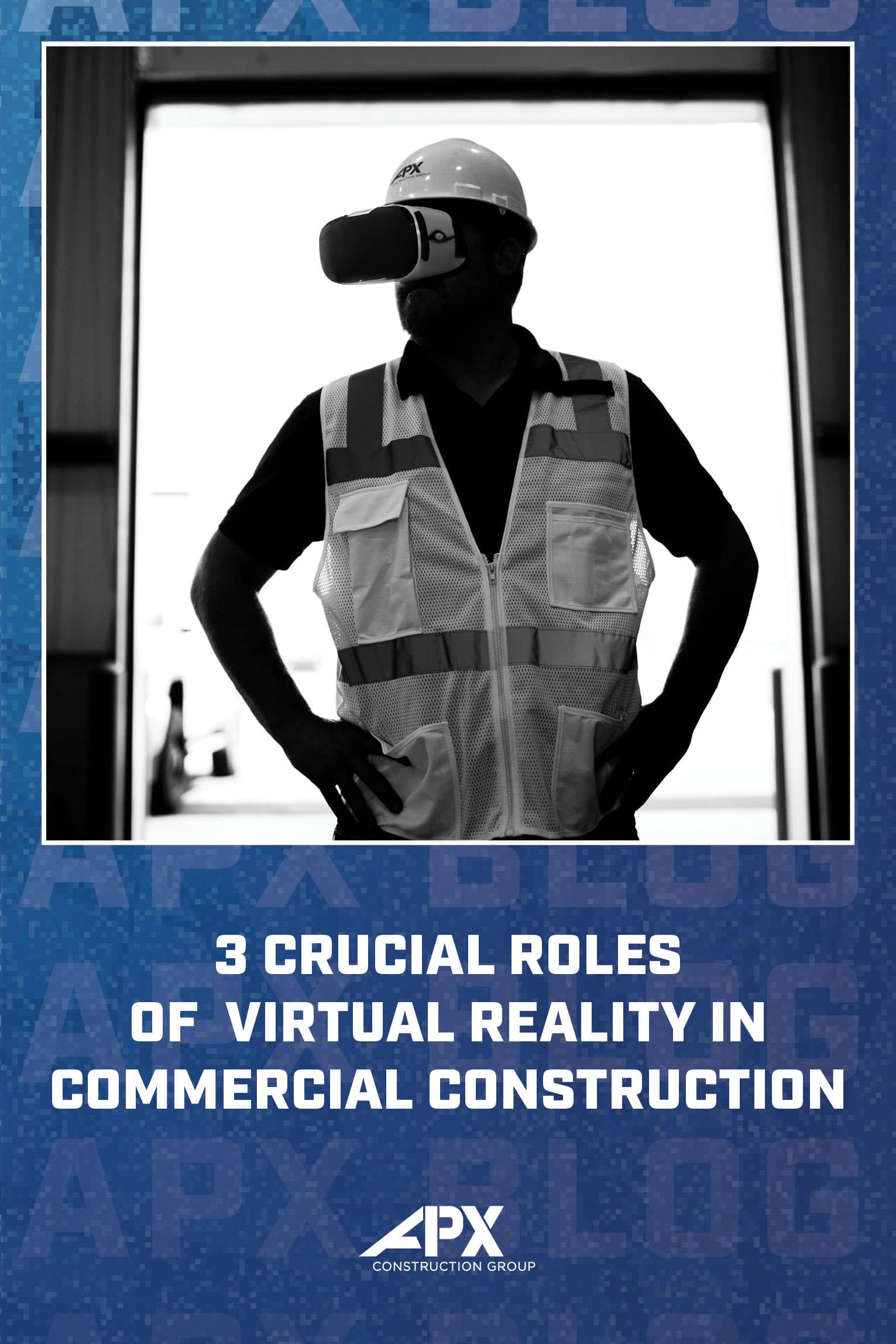 A man wearing virtual reality (VR) goggles, fully immersed in a virtual construction environment. The goggles transport him into a 3D model of a building project, allowing him to explore and interact with the space in real-time. This image highlights the advanced use of VR technology in the construction industry, providing a powerful tool for design visualization and project planning.