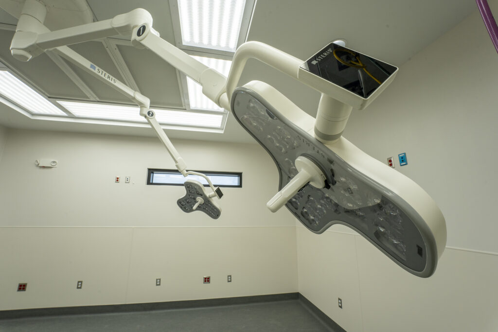 Bright surgical room with overhead lights
